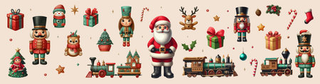 Christmas watercolor decorative banner with happy Santa Claus, nutcracker, locomotive and gift boxes and other New Year symbolsのイラスト素材