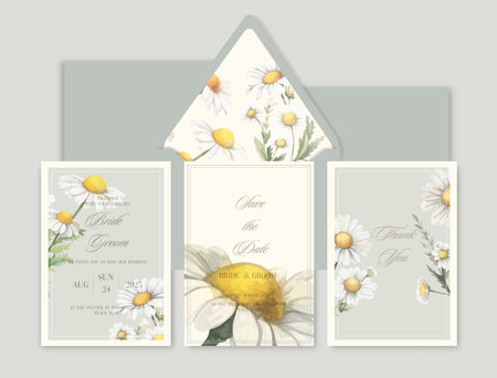 Luxury wedding invitation card background with watercolor flower chamomile.のイラスト素材