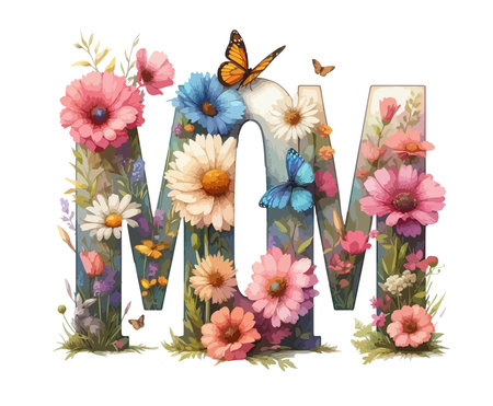 Mothers day postcard. Mom text with flowersのイラスト素材