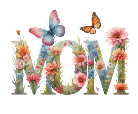 Mothers day postcard. Mom text with flowersのイラスト素材