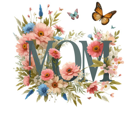 Mothers day postcard. Mom text with flowersのイラスト素材