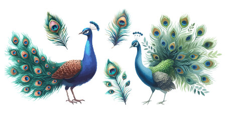 Watercolor peacocks birds and feathers set hand drawn illustrationのイラスト素材