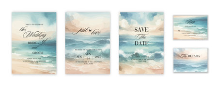 Set of wedding invitation with summer beach hand drawn watercolor backgroundのイラスト素材