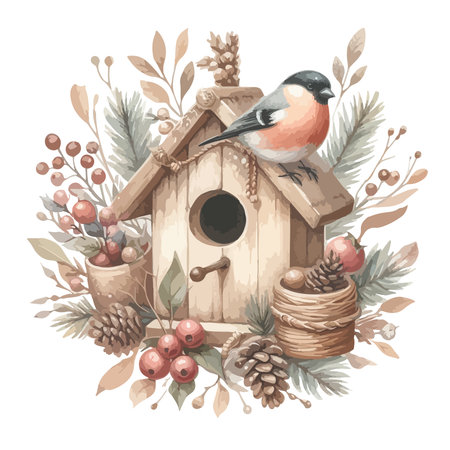 Watercolor birdhouse with bullfinch winter illustration.のイラスト素材
