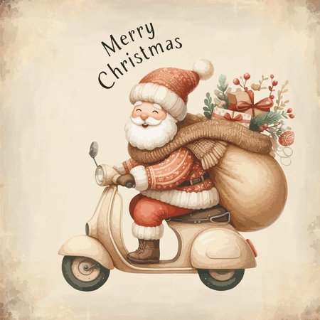 Watercolor Santa Claus rides a scooter with gifts in backpack. Courier in Santa costume on bike delivers christmas giftsのイラスト素材