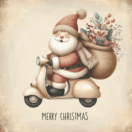 Watercolor Santa Claus rides a scooter with gifts in backpack. Courier in Santa costume on bike delivers christmas giftsのイラスト素材