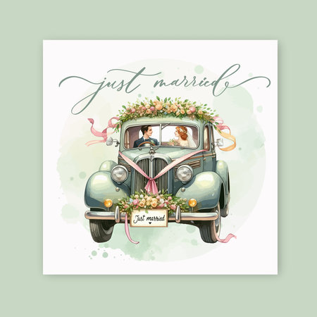 Hand drawn watercolor green retro wedding carのイラスト素材