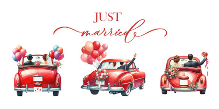 Set of hand drawn watercolor wedding red car isolated on white backgroundのイラスト素材