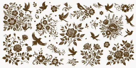 Decorative wedding elements flowers and birds silhouettesのイラスト素材