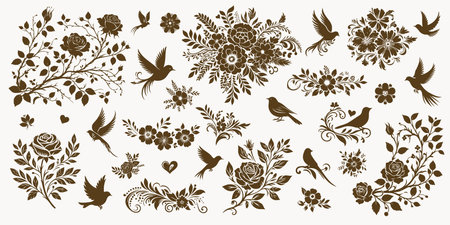 Decorative wedding elements flowers and birds silhouettesのイラスト素材