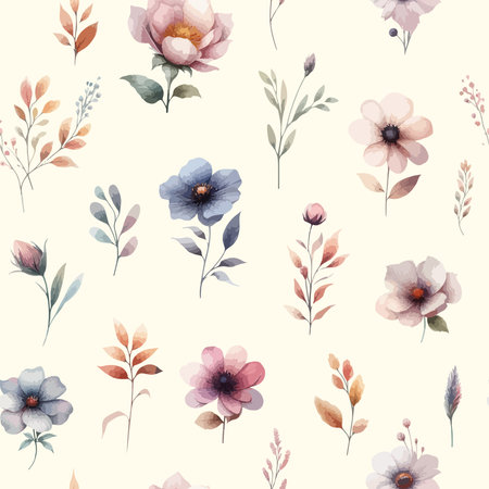 Vector floral seamless pattern with wild flowers, herbs and grassesのイラスト素材