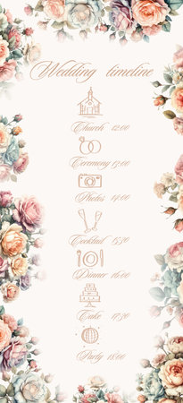 Watercolor wedding timeline template with garden floral rosesのイラスト素材