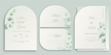 Wedding arch Invitation Card Design with watercolor elegant eucalyptus Wildflowers and herbsのイラスト素材