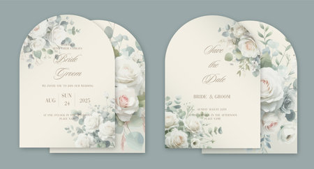 Wedding arch Invitation Card Design with watercolor elegant green botanical roses and leavesのイラスト素材