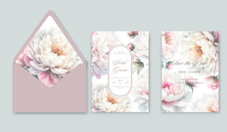 Watercolor wedding invitation template set with romantic floral peony flowersのイラスト素材