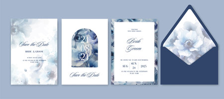 Watercolor wedding invitation template set with blue anemone flowersのイラスト素材