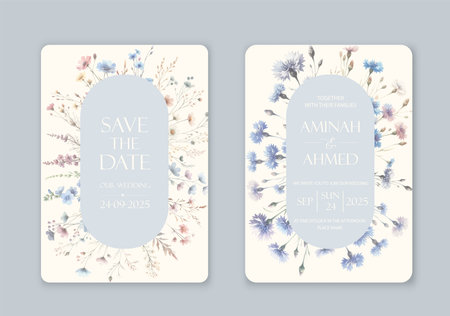Wedding invitations featuring watercolor wild flowers. The elegant font is set in a rectangular pattern with magenta petals, twigs, and grass accentsのイラスト素材