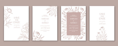 Wedding Invitation with Flowers in line designのイラスト素材