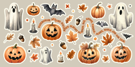 Watercolor Halloween elements and pumpkins on the white background.のイラスト素材