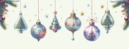 Set of watercolor glass Christmas tree toys hanging on a stringのイラスト素材