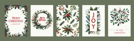 Watercolor Holiday Greeting cards with Spruce Branch, Poinsettia, Berries. Traditional Christmas and New Year Postersのイラスト素材