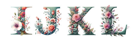 Serif alphabet in watercolor style with flowers and leaves. For wedding invitation, vintage arrangement and classic decorationのイラスト素材