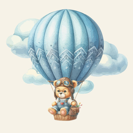 Watercolor illustration Teddy bear in Hot Air Balloon with cloudsのイラスト素材