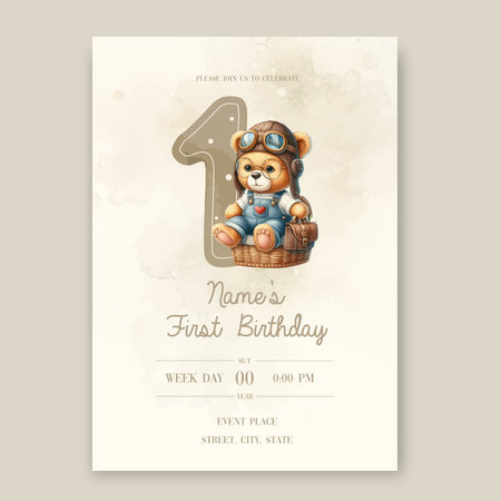 Birthday party invitation card template with cute watercolor little animal bear pilot cartoon character and birthday anniversary number oneのイラスト素材