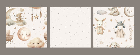 Cute watercolor nursery seamless pattern with bunny, rabbit, stars, moon and clouds. Hand drawn vector print and pattern.のイラスト素材