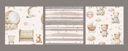 Cute watercolor nursery seamless pattern with bear, rabbit, stars, moon and clouds. Hand drawn vector print and patternのイラスト素材