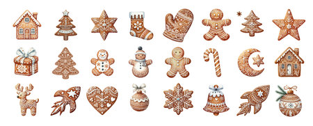 Set of watercolor Christmas Gingerbread cookies. Cute winter homemade sweets in festive shapes isolated on white backgroundのイラスト素材
