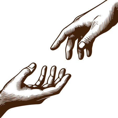 Hands reaching towards each other. Concept of human relation, togetherness or partnershipのイラスト素材