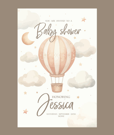 Watercolor baby shower invitation. Greeting card with Hot Air Balloon, clouds and starsのイラスト素材