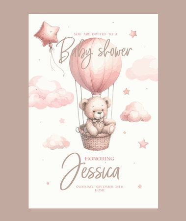 Watercolor baby shower invitation. Greeting card with teddy bear girl on Hot Air Balloonのイラスト素材
