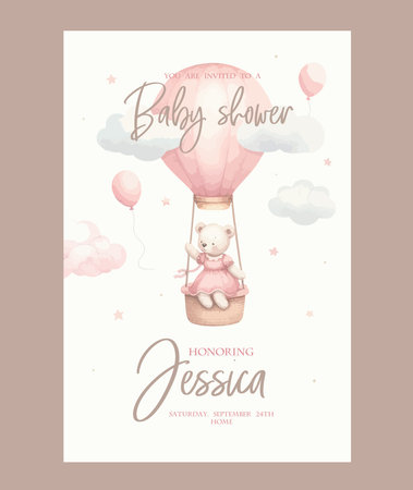 Watercolor baby shower invitation. Greeting card with teddy bear girl on Hot Air Balloonのイラスト素材