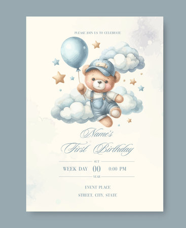 Baby invitation shower card template with cute boy and clouds, watercolor illustrationのイラスト素材