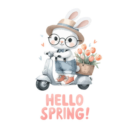 Hello spring. Watercolor Bunny on bike with spring flowers. Cute vector illustration for spring designのイラスト素材