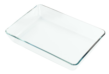 transparent glass tray empty, isolated on whiteの写真素材