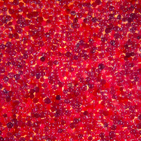bunch of ripe red cranberries, which is in the water and in the ice with bubbles on a yellow backgroundの写真素材