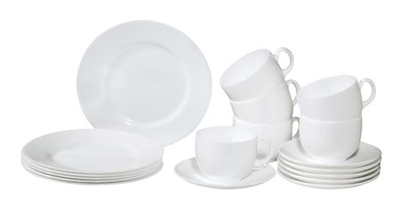 set of fresh washed plates and dishes isolated on white の写真素材