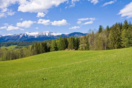 alpine farm land in austriaの写真素材