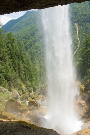 huge waterfall in slovenian julian alpsの写真素材