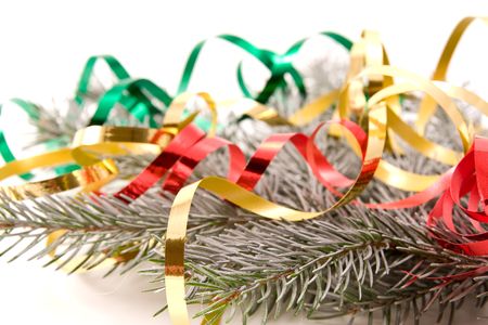 silver branch and ribbons as christmas decorationの写真素材