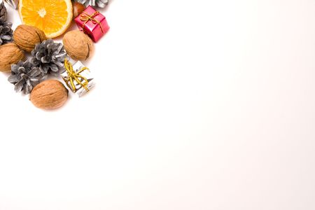 traditional christmas decoration with fruit and nutsの写真素材