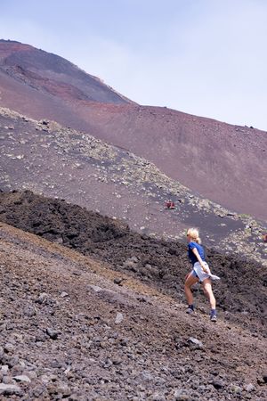 trekking on Etna volcano in Sicilyの写真素材