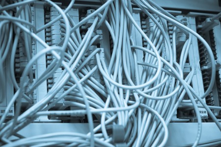 ethernet cables maze connected to switchの写真素材