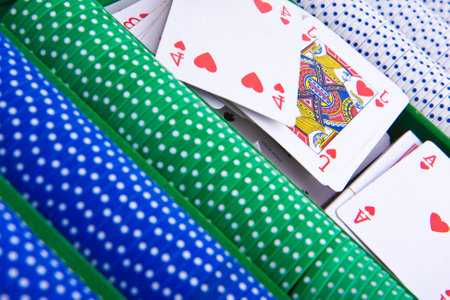 colorful poker chips with ace cardのeditorial素材