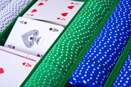 colorful poker chips with ace cardのeditorial素材