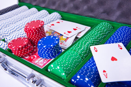 colorful poker chips with ace cardのeditorial素材