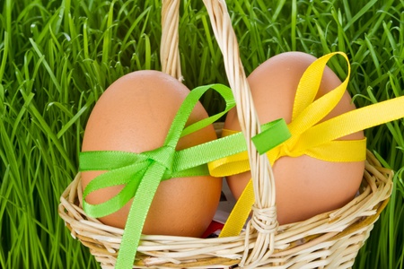 basket with easter eggs in the grass